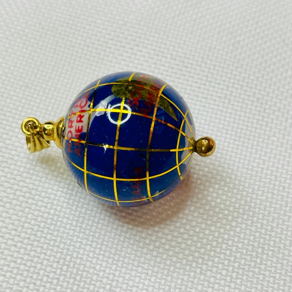 14K Yellow Gold Enameled 3D Globe Charm Necklace Pendant